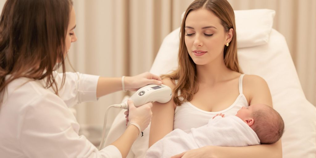Mum holding her baby while receiving laser hair removal treatment