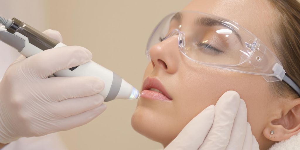 Photograph of dermatologist performing laser treatment on patient's cheek indoors