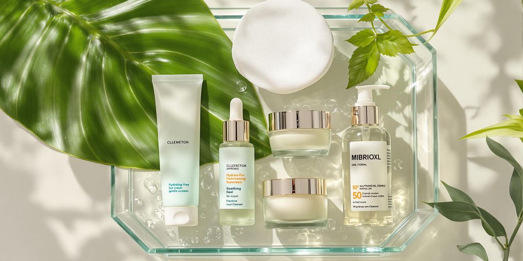 Skincare bottles, aloe leaf, jar and cotton pad flat lay.