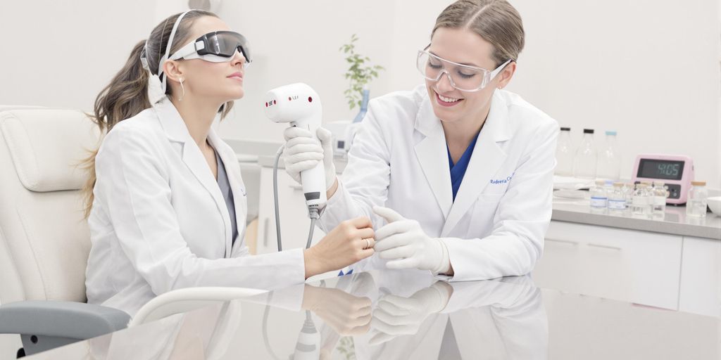 Clinician uses laser device while patient listens at clinic consultation.