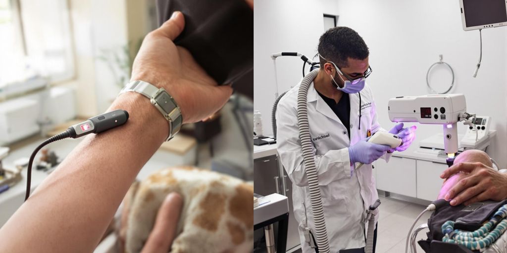 DIY laser device on arm next to professional laser treatment