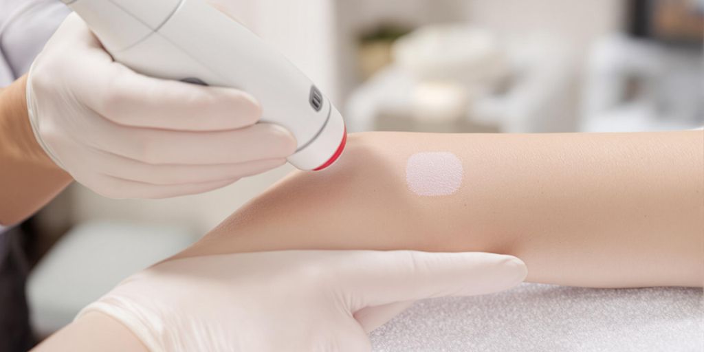 Technician’s gloved hand testing laser on client’s small forearm patch.