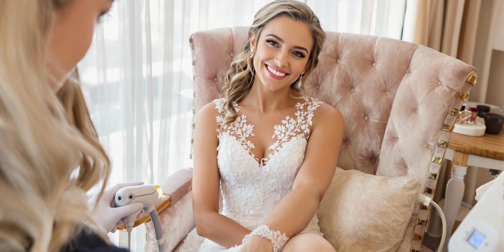 Bride-to-be receiving laser hair removal treatment in well-lit beauty studio.