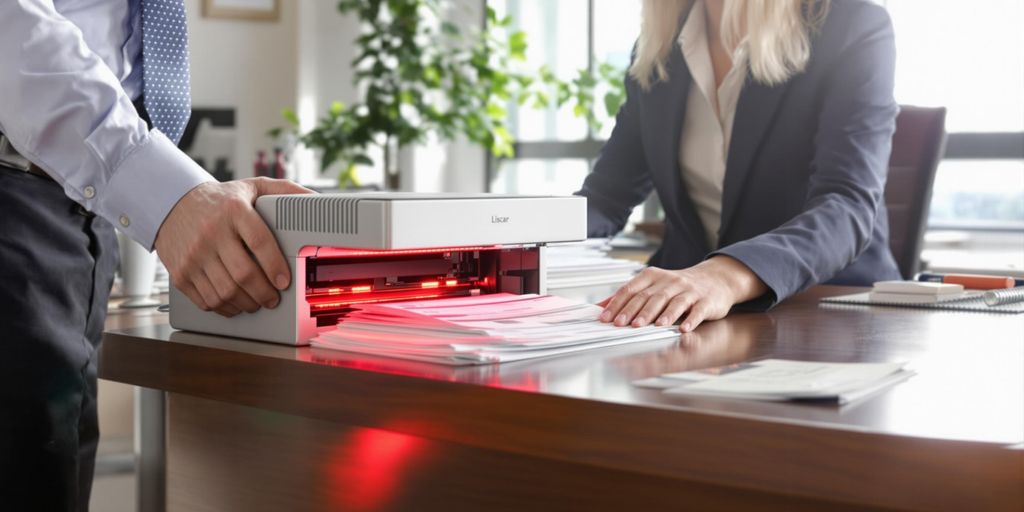 Businessperson using laser scanner on desk with paperwork in daylight