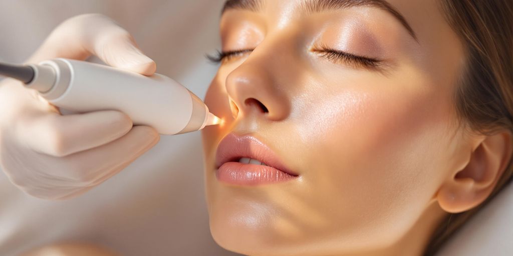 Woman receiving gentle laser treatment on cheek in spa clinic.