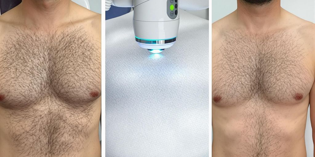 Male torso before, during and after laser hair removal treatment