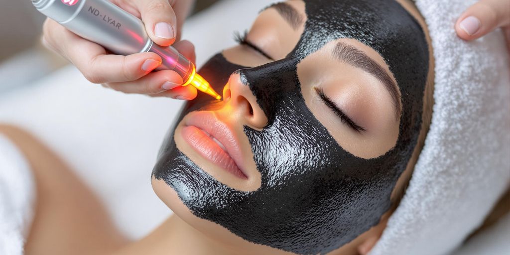 Woman receiving ND:YAG laser carbon facial with glossy black mask