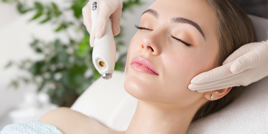 Woman receiving cosmetic laser treatment, glowing skin under soft lighting