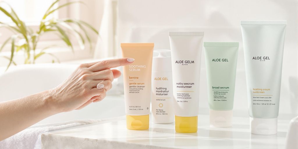 Hand applies moisturiser among cleanser, serum, sunscreen and aloe gel.