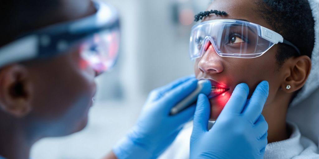 Dark-skinned patient wearing protective goggles calmly receiving ND:YAG laser treatment