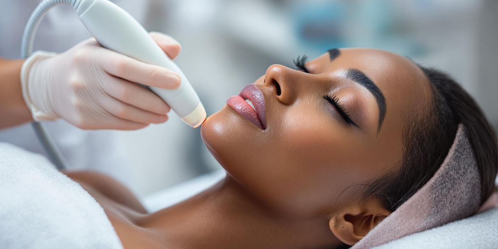 Dark-skinned woman having Nd:YAG laser hair removal treatment in clinic