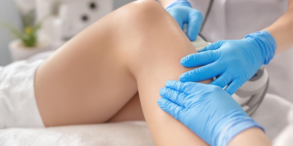 Woman receiving laser hair removal on smooth leg in clinic